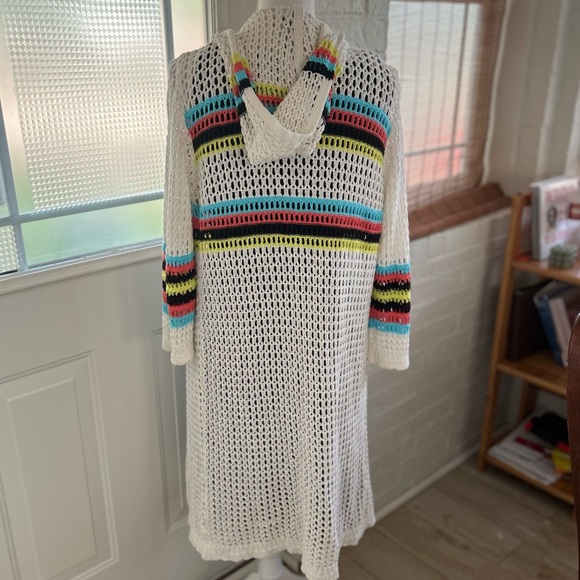 Scoop Womens Open Knit Crochet Knit Striped Boho Hooded Cardigan Kimono Sz XS - Picture 9 of 11